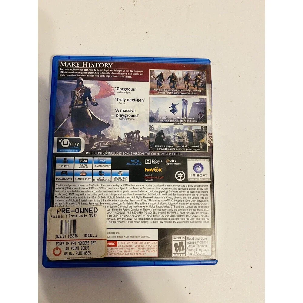 Assassin's Creed Unity (Sony Playstation 4, 2014) Tested, Works